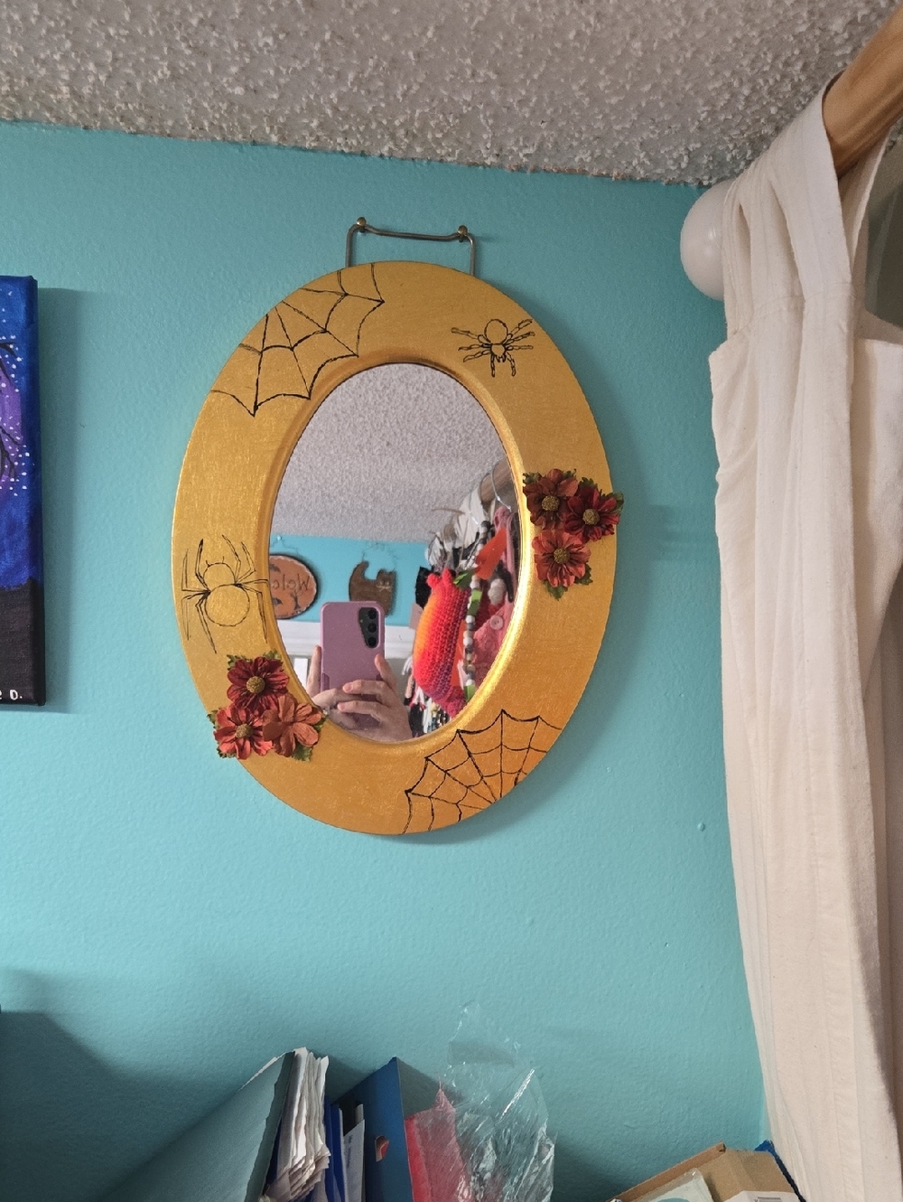 Upcycled Gold Oval Spider mirror with Floral Accents